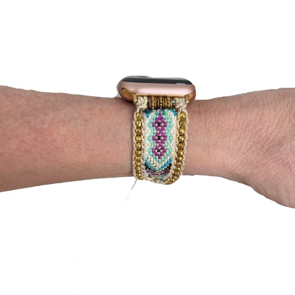 Handwoven Boho Apple Watch Band with Gold Beading – Adjustable Bracelet Strap - Picture 4 of 7